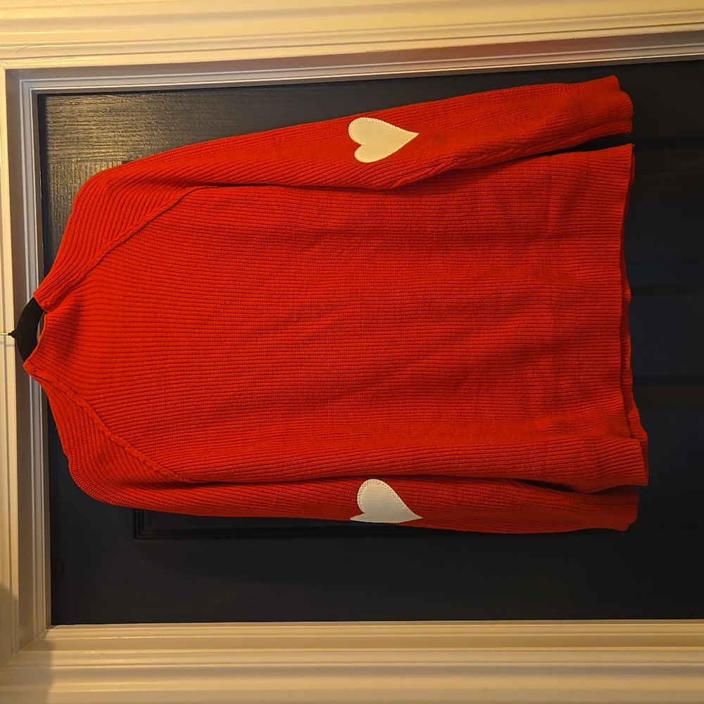 Large crew neck red white elbow patch sweater